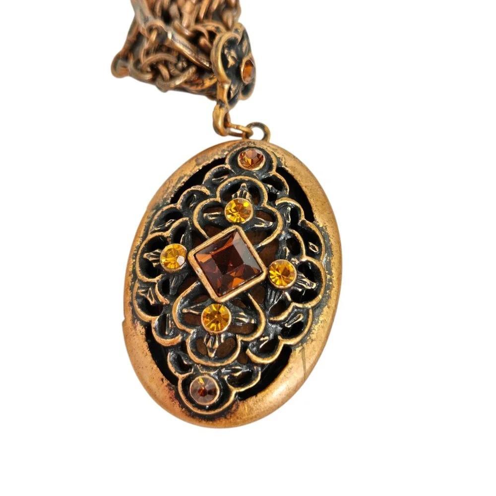 1928 Jewelery Co Copper Rinestone Picture Locket Necklace Victorian NWOT Vintage